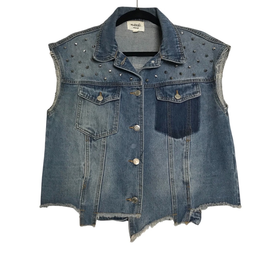 Midnight Muse Punk Studded Asymmetric Button Up Denim Vest Womens Size M Biker